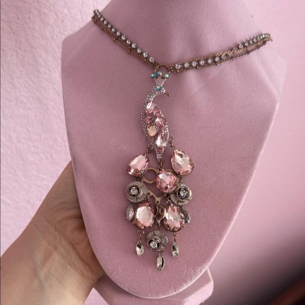 LONG Pink Crystal Peacock Drop Necklace - Women Jewelry - Picture 2 of 3